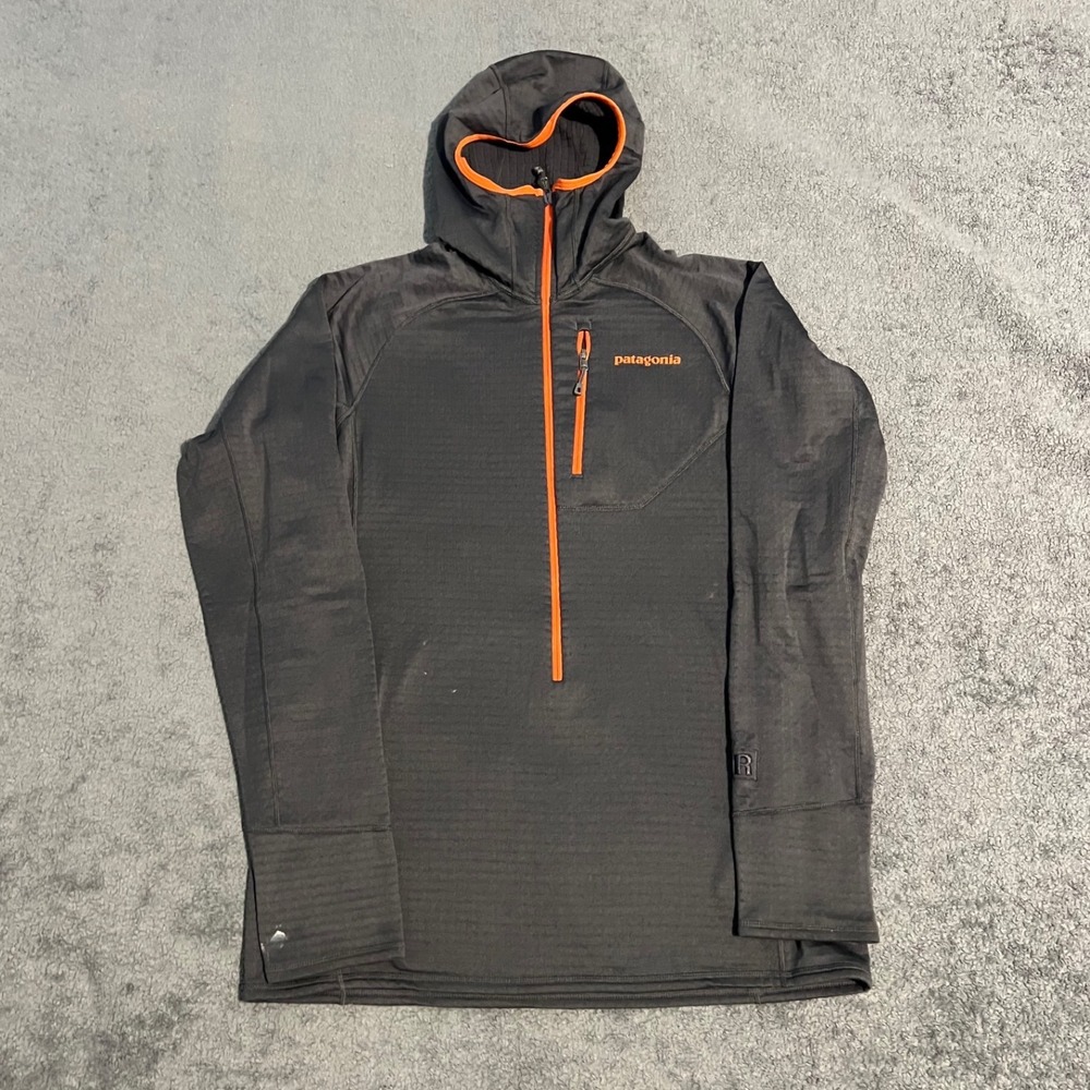 Patagonia R1 Hoody Mens Medium Charcoal Grey Orange Polartec Fleece Pullover